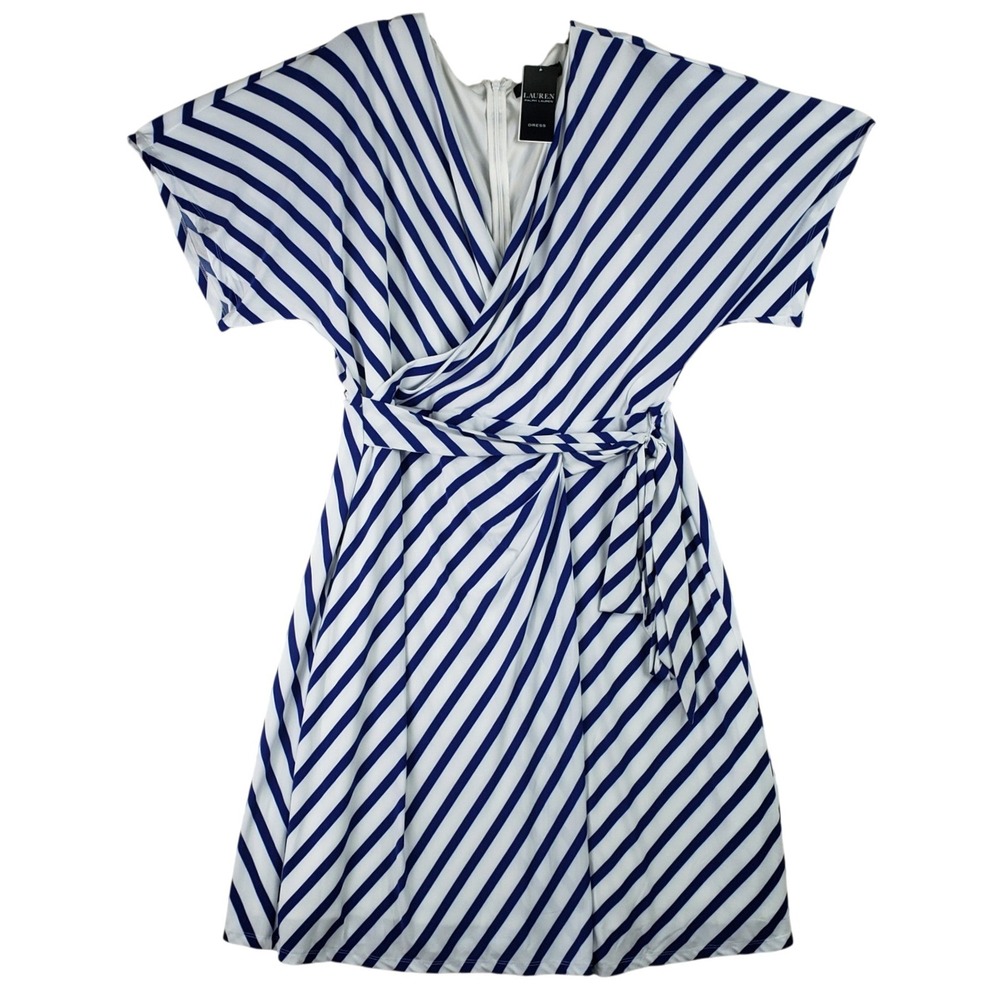 Lauren Ralph Lauren Chevron Jersey Wrap V Neck Dress 18 Navy White Nautical